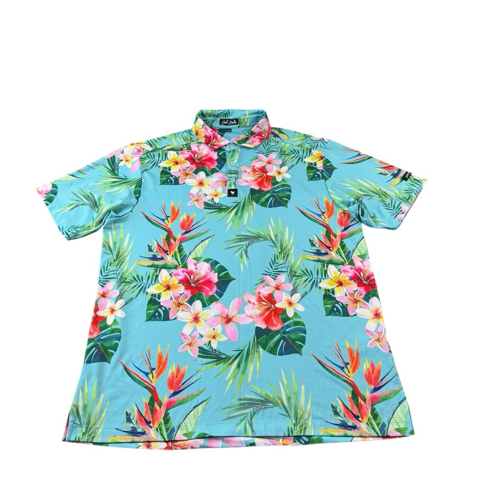 Bad Birdie Blue Hibiscus Floral Men’s Performance Golf Polo Shirt Size Large